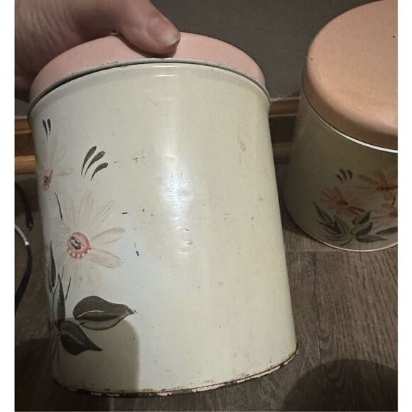 Vtg NC Colorware 60s Metal Kitchen Canister Set of 3 Flowers Beige Peach MCM - Picture 7 of 16